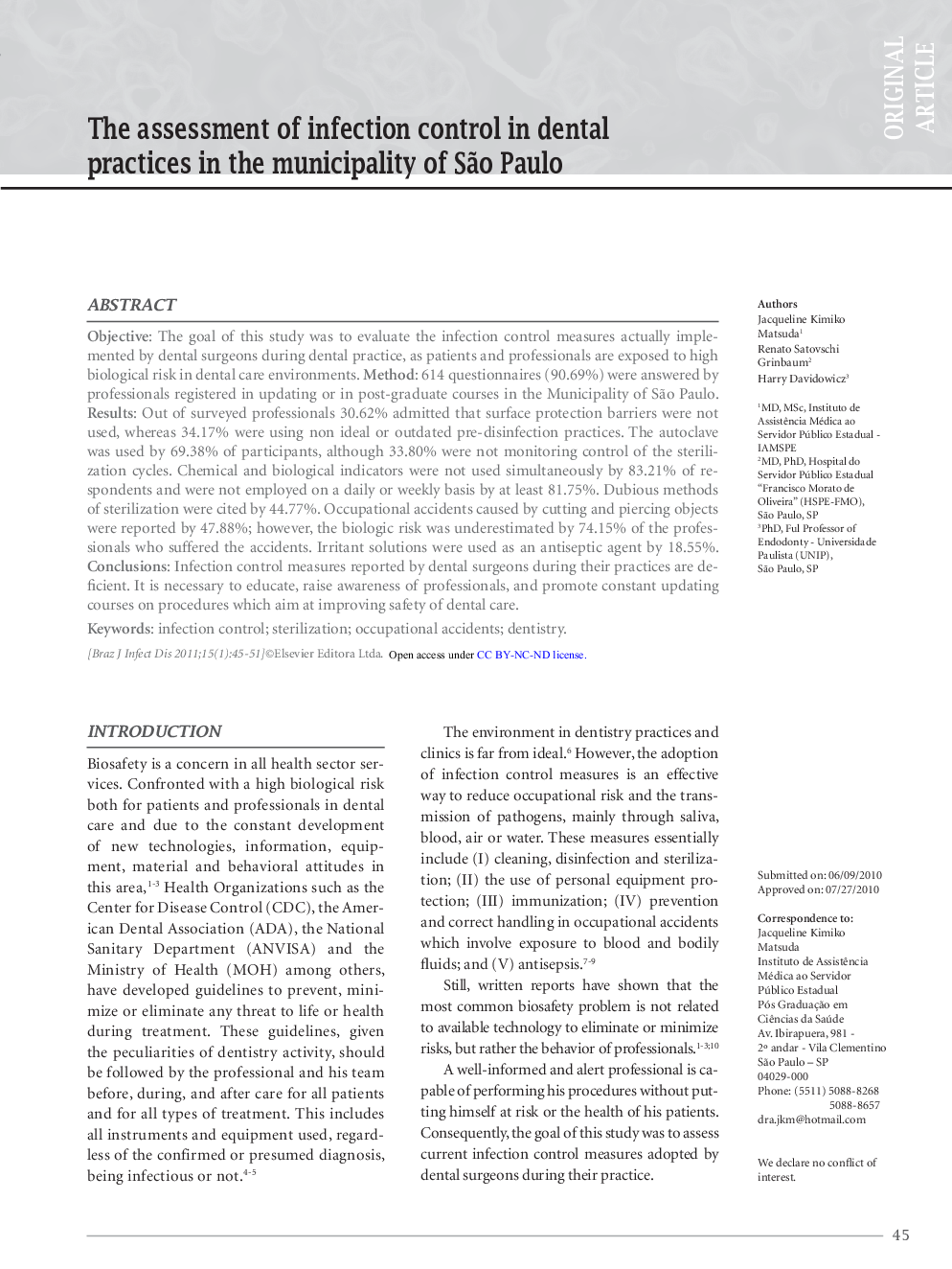 The assessment of infection control in dental practices in the municipality of São Paulo