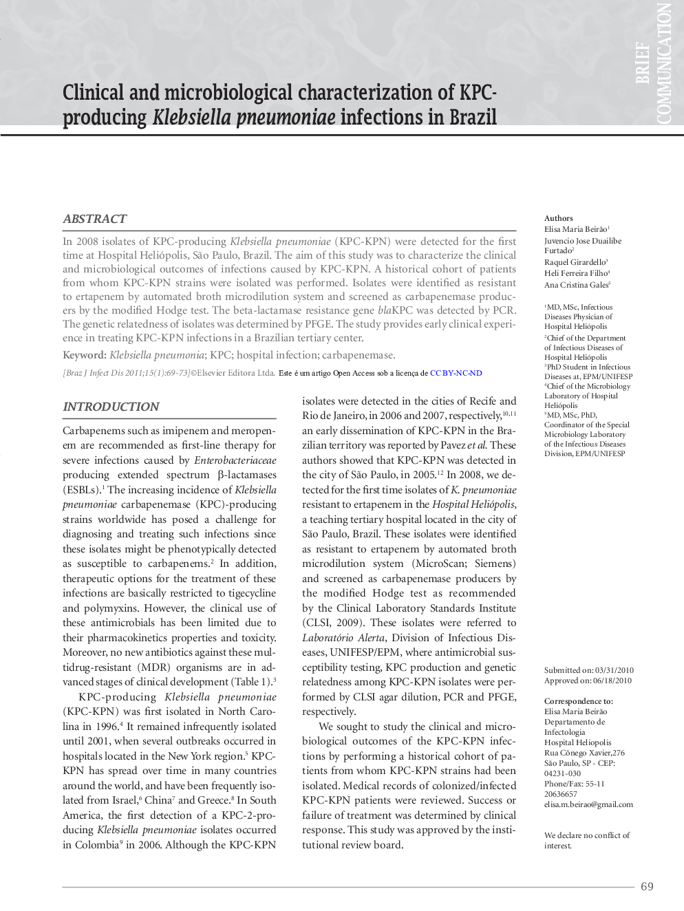 Clinical and microbiological characterization of KPCproducing Klebsiella pneumoniae infections in Brazil