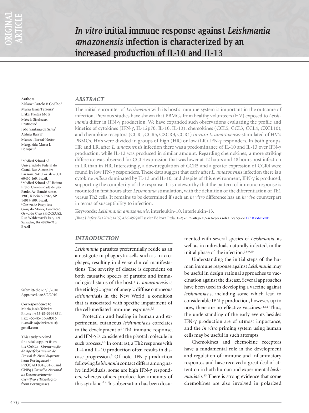 In vitro initial immune response against Leishmania amazonensis infection is characterized by an increased production of IL-10 and IL-13