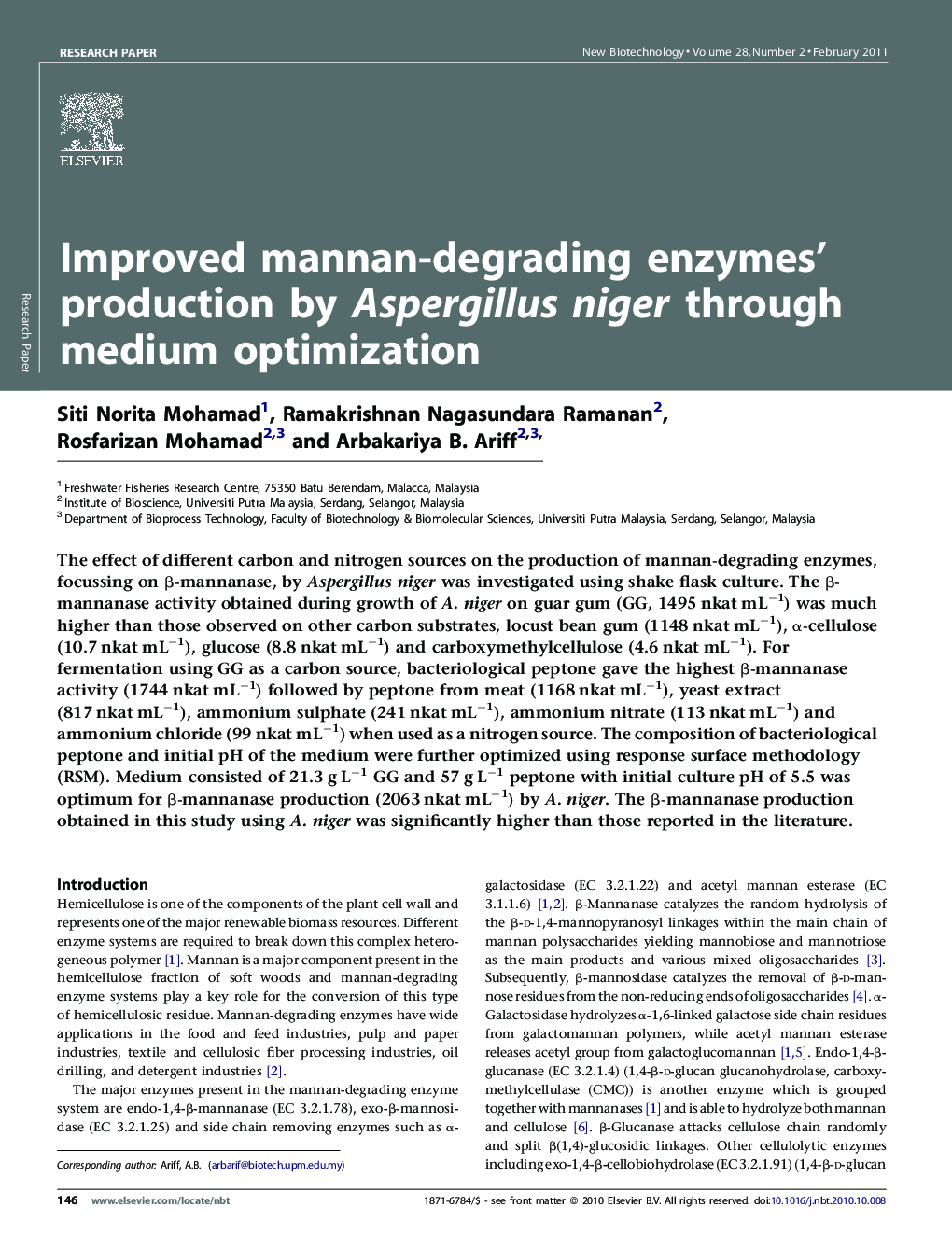 Improved mannan-degrading enzymes’ production by Aspergillus niger through medium optimization