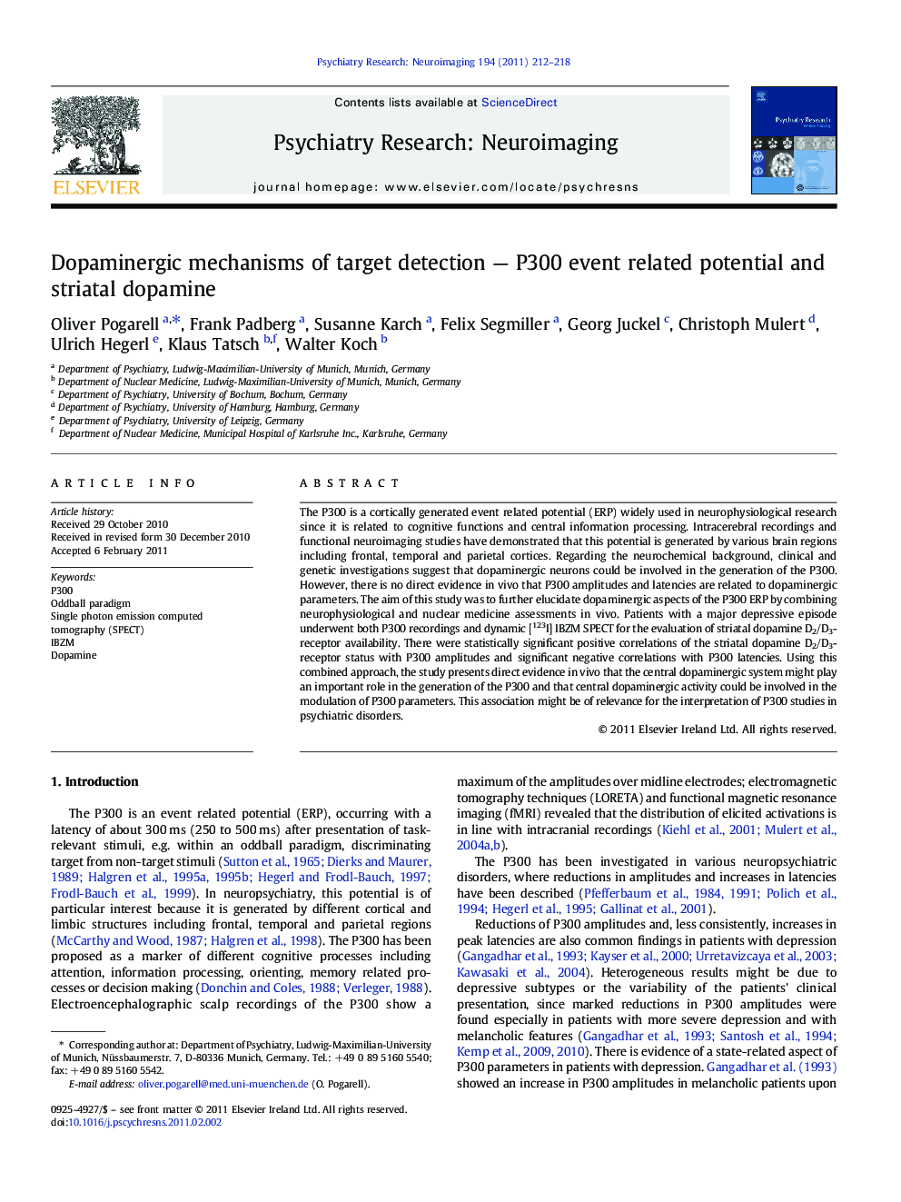 Dopaminergic mechanisms of target detection — P300 event related potential and striatal dopamine