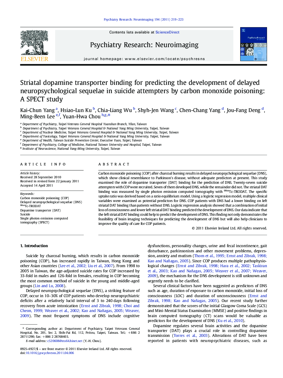 Striatal dopamine transporter binding for predicting the development of delayed neuropsychological sequelae in suicide attempters by carbon monoxide poisoning: A SPECT study