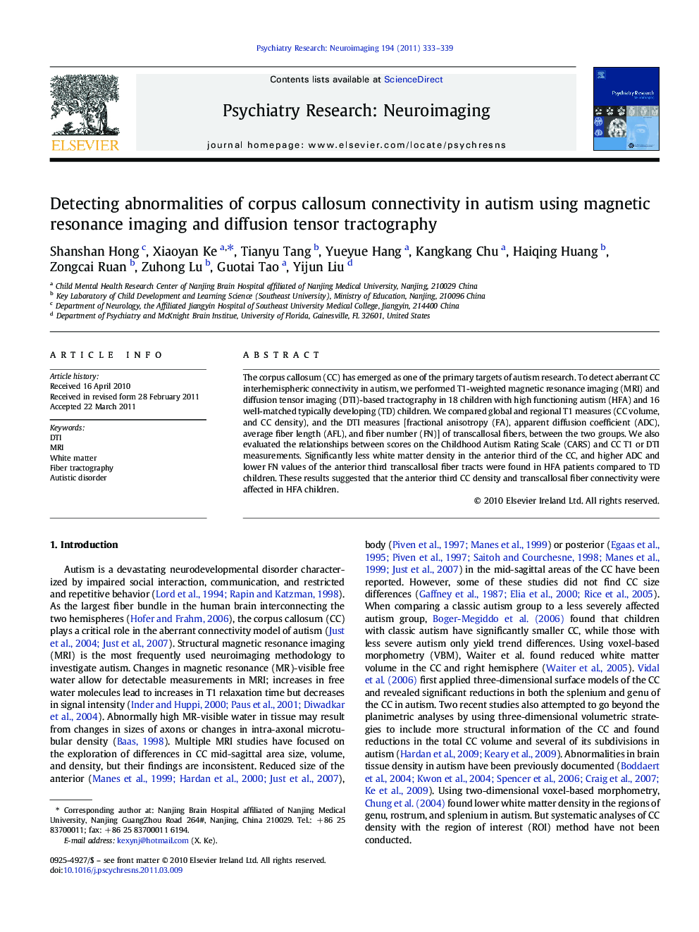 Detecting abnormalities of corpus callosum connectivity in autism using magnetic resonance imaging and diffusion tensor tractography