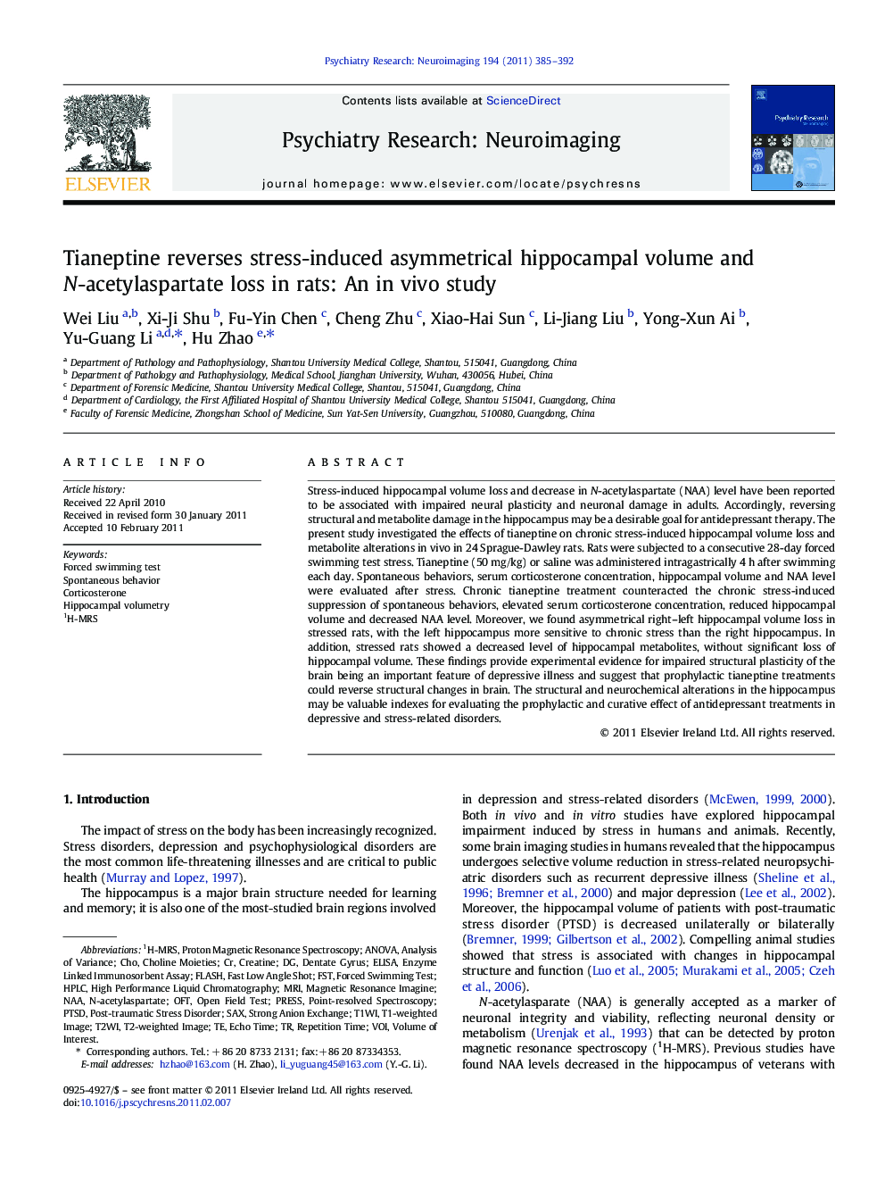 Tianeptine reverses stress-induced asymmetrical hippocampal volume and N-acetylaspartate loss in rats: An in vivo study