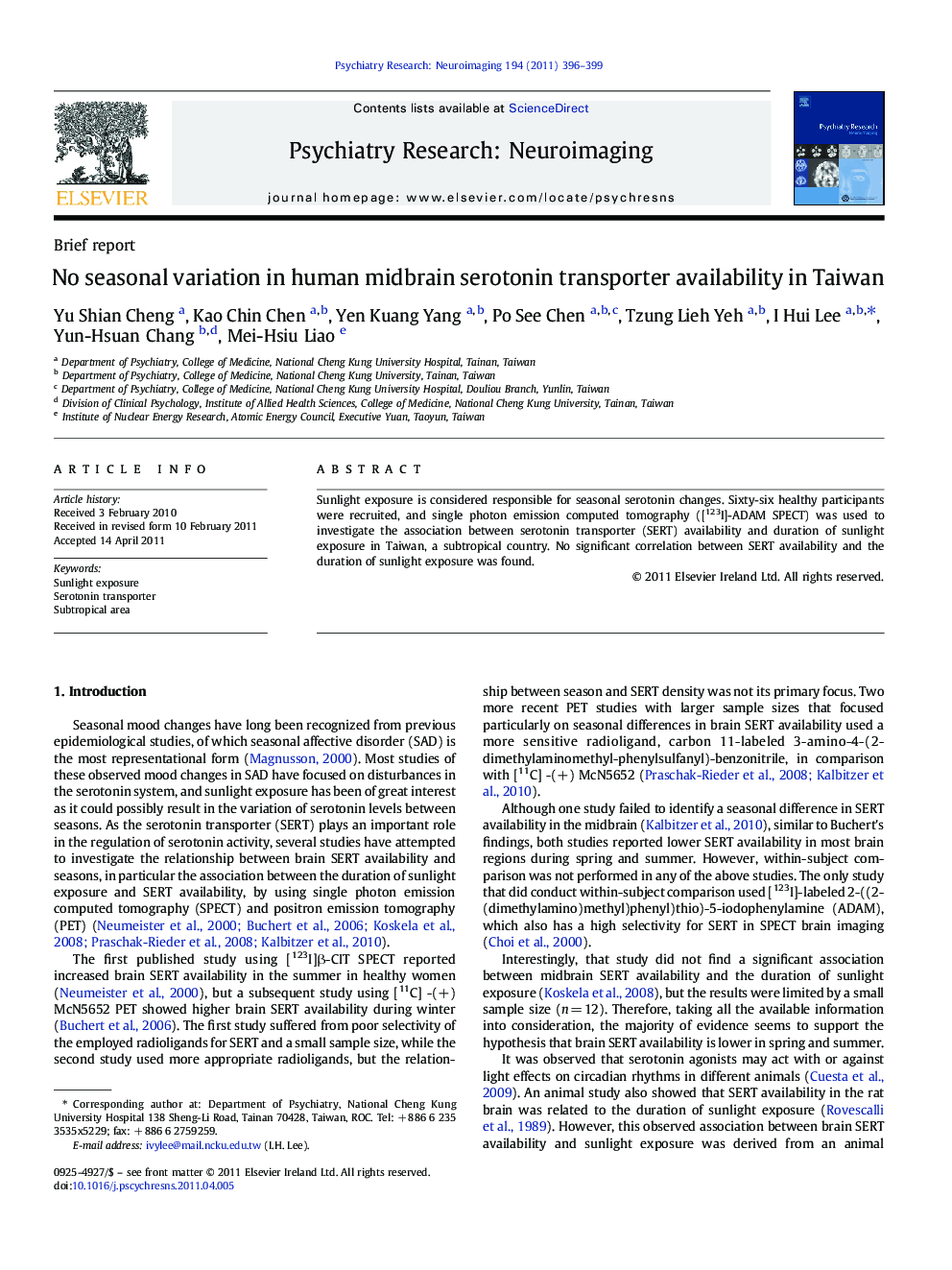 No seasonal variation in human midbrain serotonin transporter availability in Taiwan