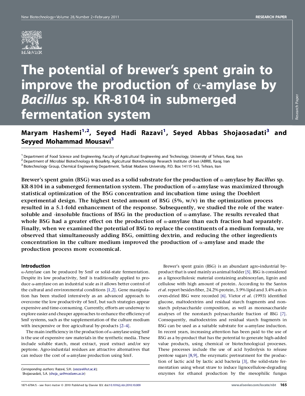 عکس صفحه اول مقاله: The potential of brewer's spent grain to improve the production of α-amylase by Bacillus sp. KR-8104 in submerged fermentation system The potential of brewer's spent grain to improve the production of α-amylase by Bacillus sp. KR-8104 in submerged fermentation system