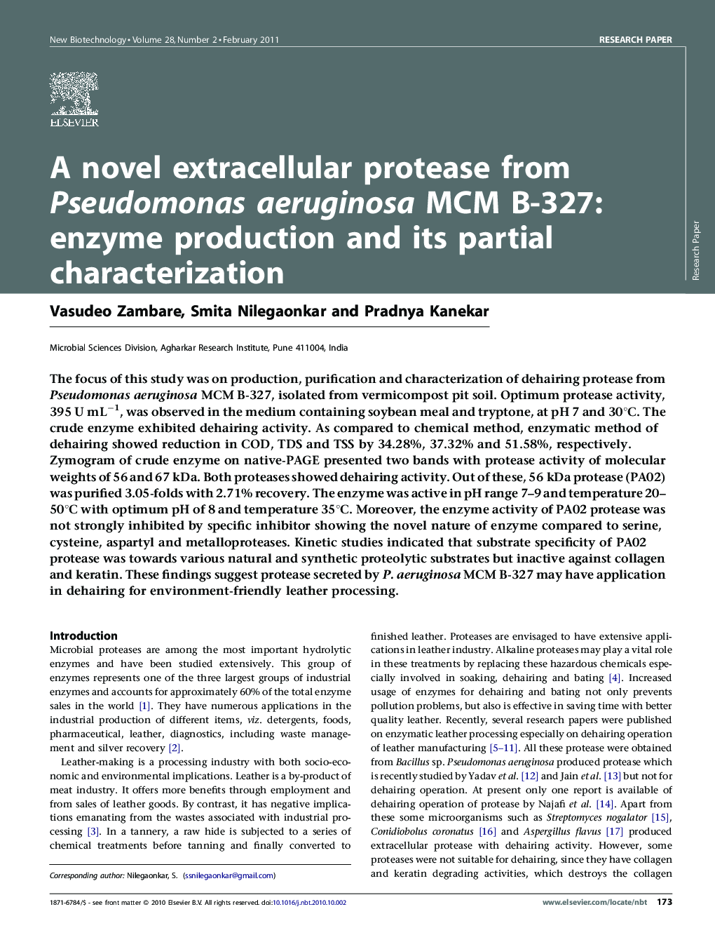 عکس صفحه اول مقاله: A novel extracellular protease from Pseudomonas aeruginosa MCM B-327: enzyme production and its partial characterization A novel extracellular protease from Pseudomonas aeruginosa MCM B-327: enzyme production and its partial characterization