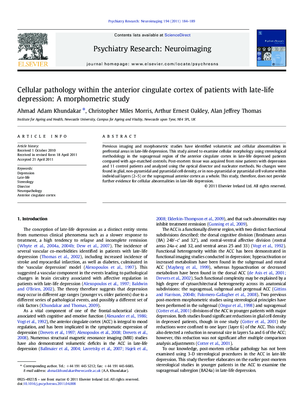 Cellular pathology within the anterior cingulate cortex of patients with late-life depression: A morphometric study