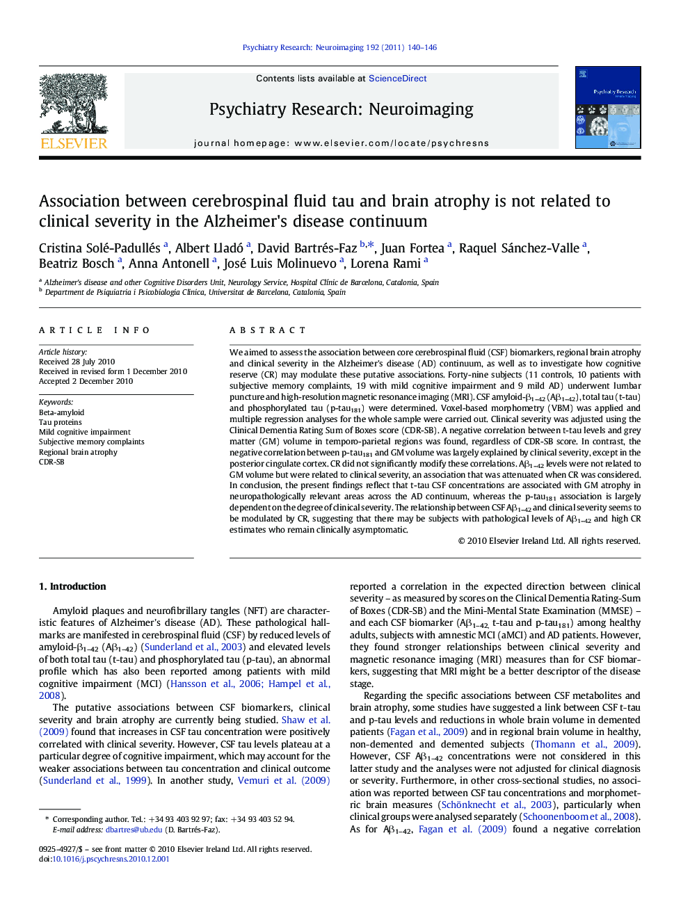 Association between cerebrospinal fluid tau and brain atrophy is not related to clinical severity in the Alzheimer's disease continuum