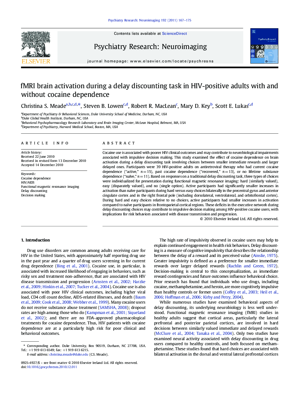 fMRI brain activation during a delay discounting task in HIV-positive adults with and without cocaine dependence