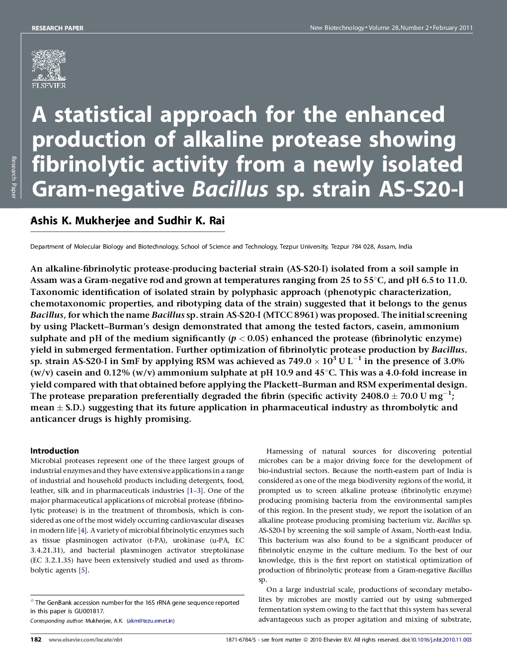عکس صفحه اول مقاله: A statistical approach for the enhanced production of alkaline protease showing fibrinolytic activity from a newly isolated Gram-negative Bacillus sp. strain AS-S20-I A statistical approach for the enhanced production of alkaline protease showing fibrinolytic activity from a newly isolated Gram-negative Bacillus sp. strain AS-S20-I