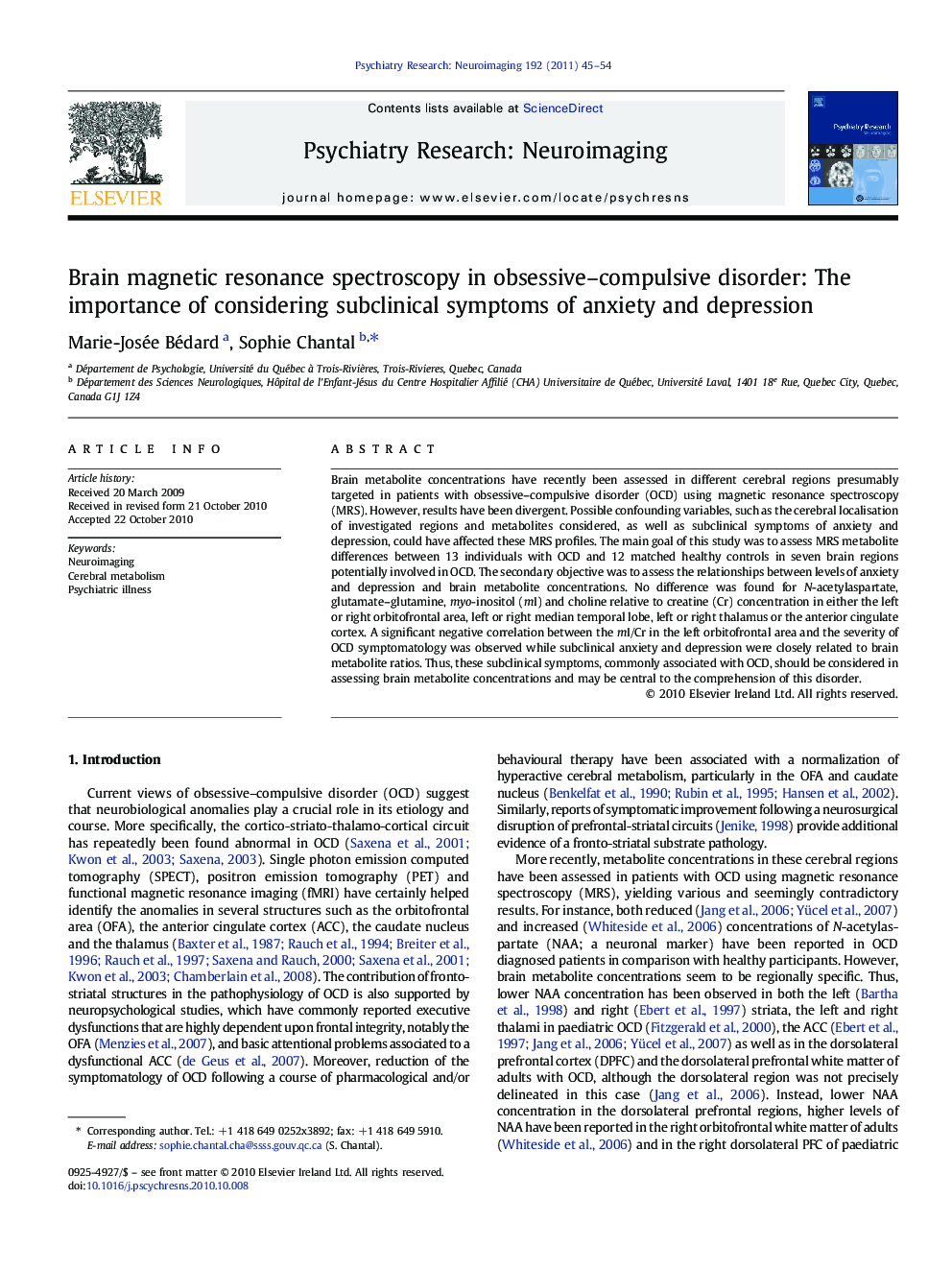 Brain magnetic resonance spectroscopy in obsessive–compulsive disorder: The importance of considering subclinical symptoms of anxiety and depression