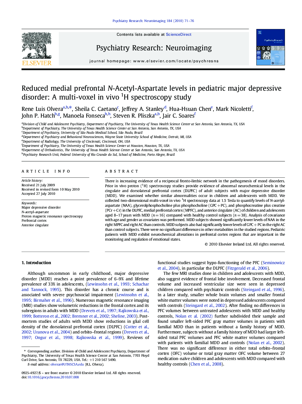 Reduced medial prefrontal N-Acetyl-Aspartate levels in pediatric major depressive disorder: A multi-voxel in vivo1H spectroscopy study