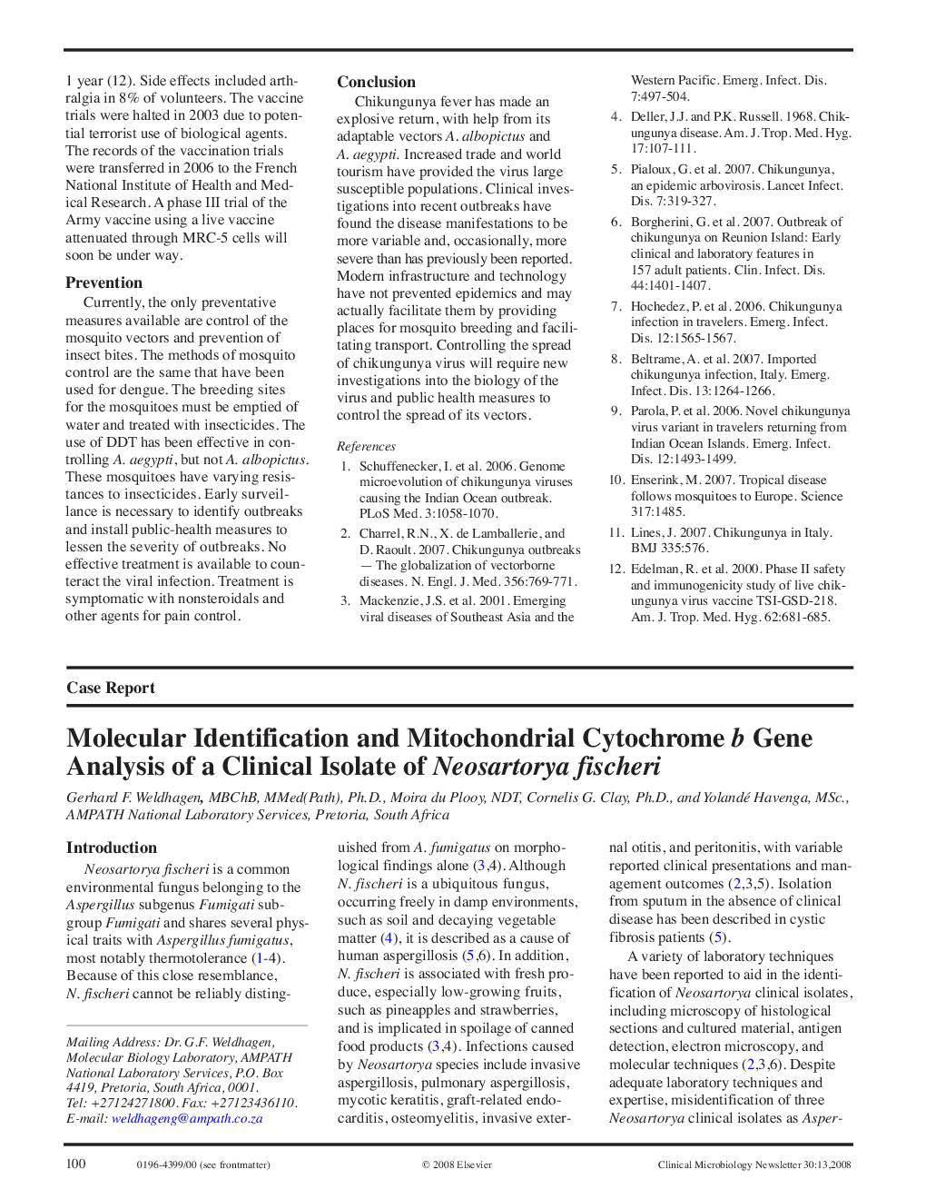 Molecular Identification and Mitochondrial Cytochrome b Gene Analysis of a Clinical Isolate of Neosartorya fischeri