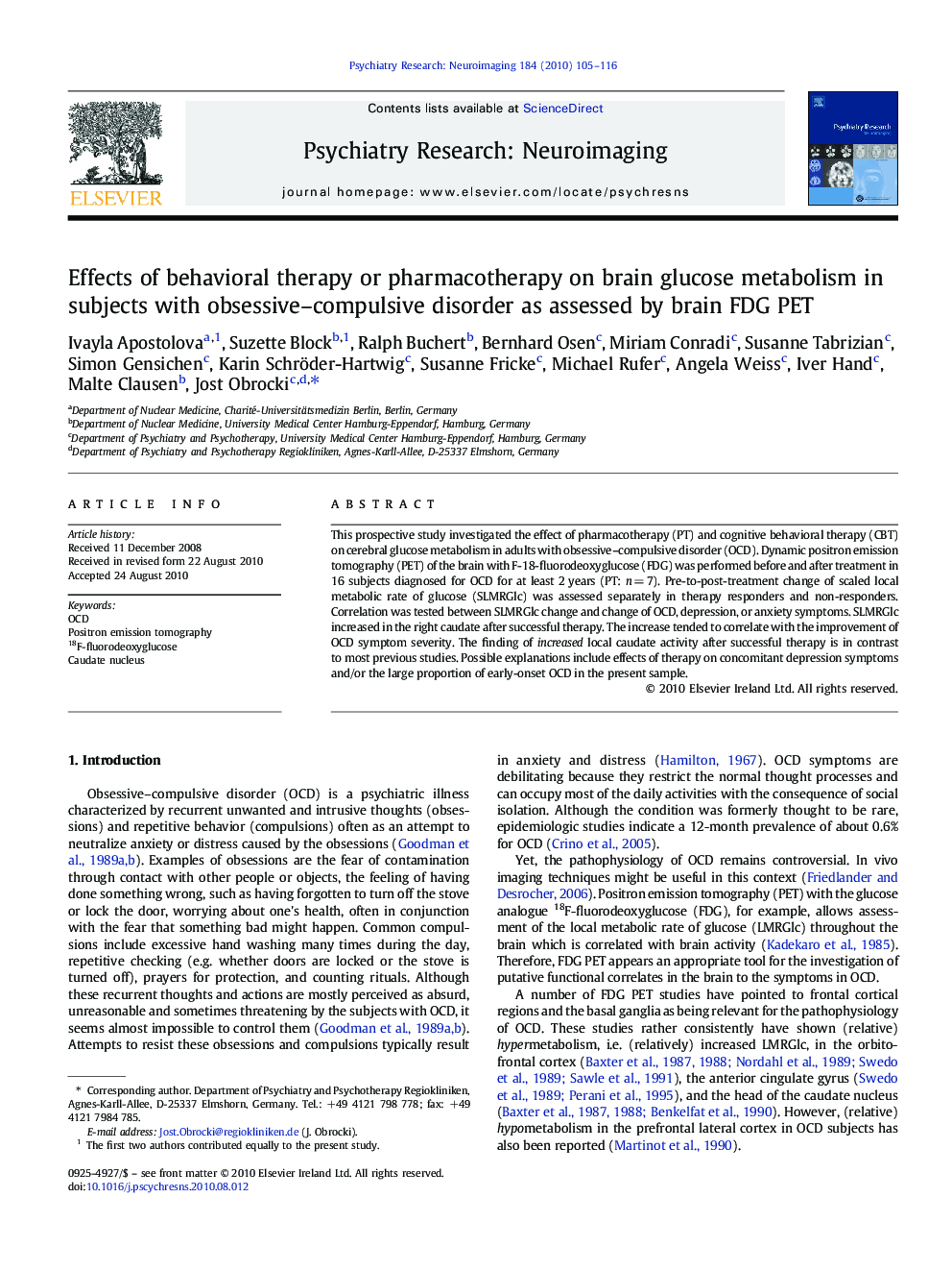 Effects of behavioral therapy or pharmacotherapy on brain glucose metabolism in subjects with obsessive–compulsive disorder as assessed by brain FDG PET