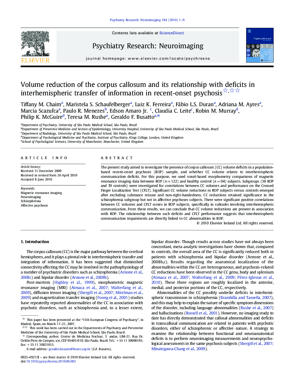 Volume reduction of the corpus callosum and its relationship with deficits in interhemispheric transfer of information in recent-onset psychosis 