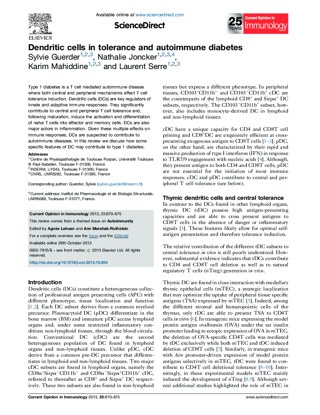 Dendritic cells in tolerance and autoimmune diabetes