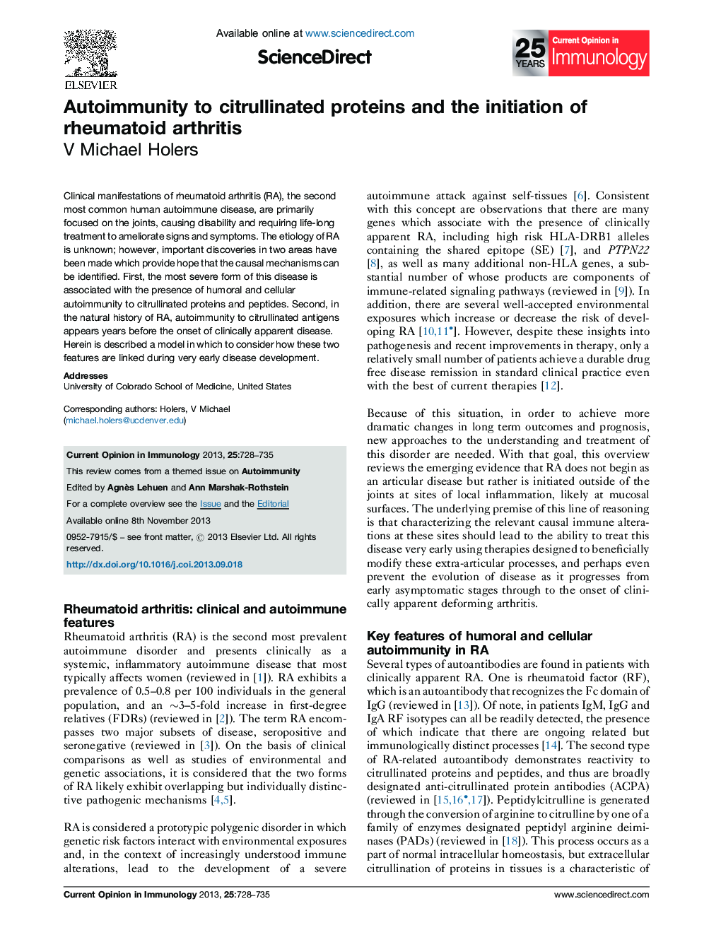Autoimmunity to citrullinated proteins and the initiation of rheumatoid arthritis