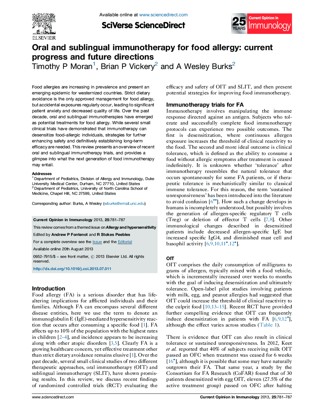 Oral and sublingual immunotherapy for food allergy: current progress and future directions