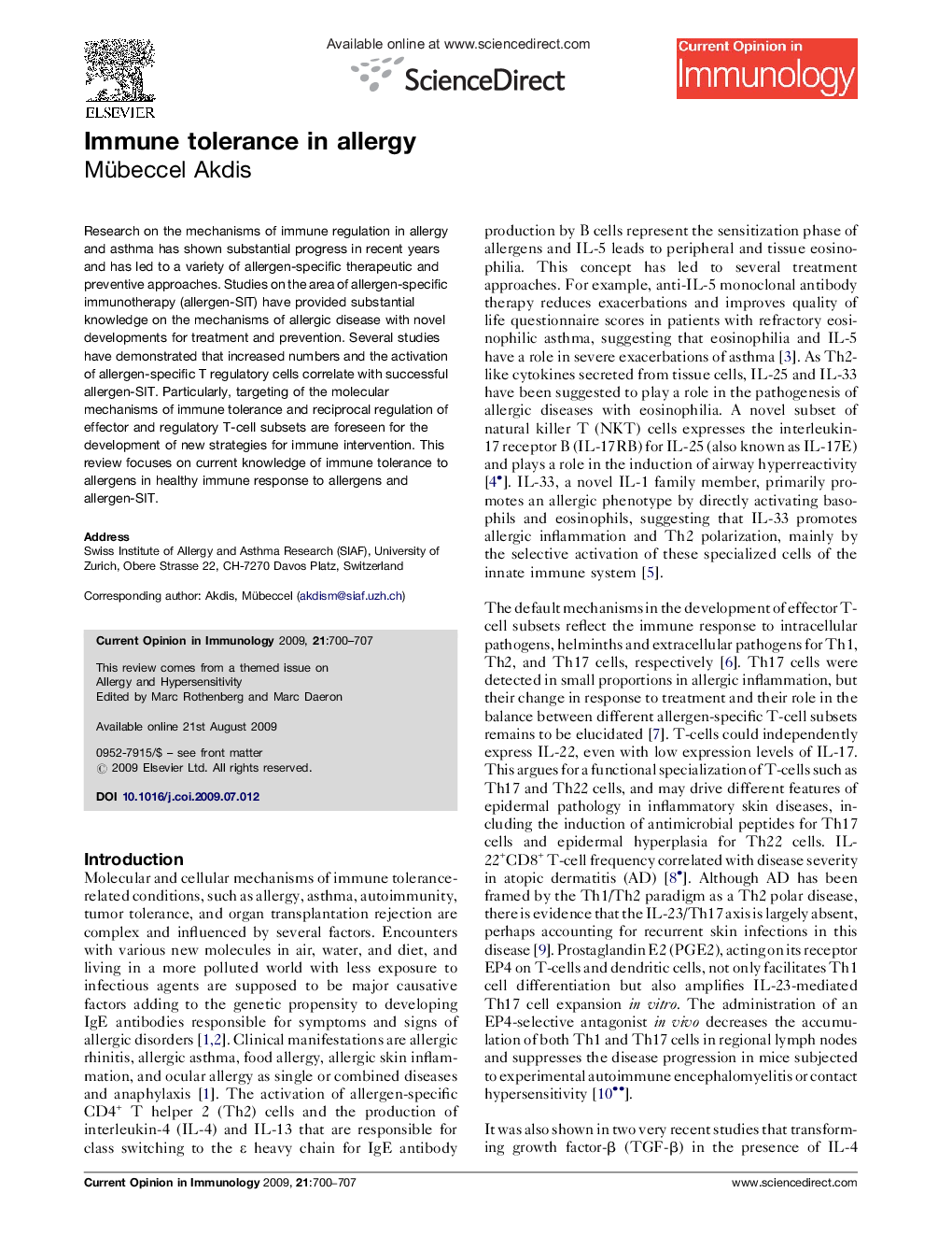 Immune tolerance in allergy