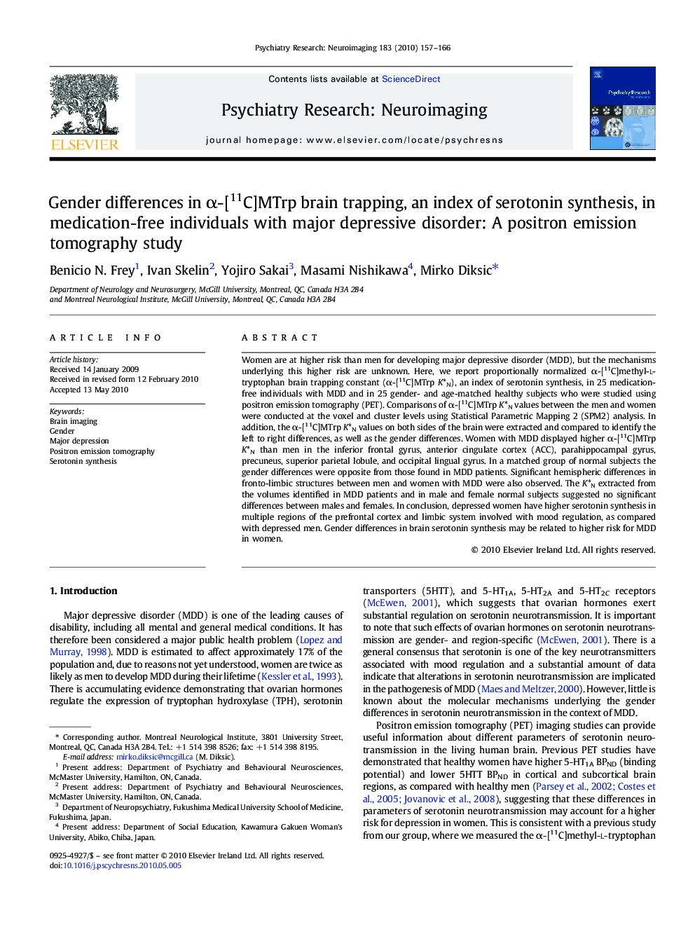 Gender differences in α-[11C]MTrp brain trapping, an index of serotonin synthesis, in medication-free individuals with major depressive disorder: A positron emission tomography study