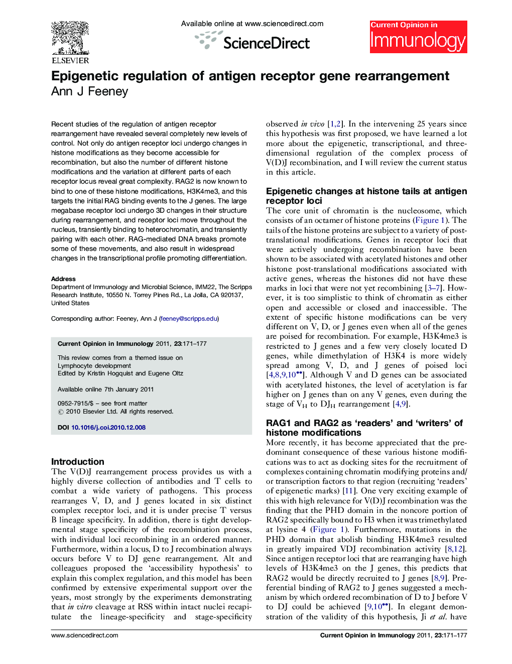 عکس صفحه اول مقاله: Epigenetic regulation of antigen receptor gene rearrangement Epigenetic regulation of antigen receptor gene rearrangement