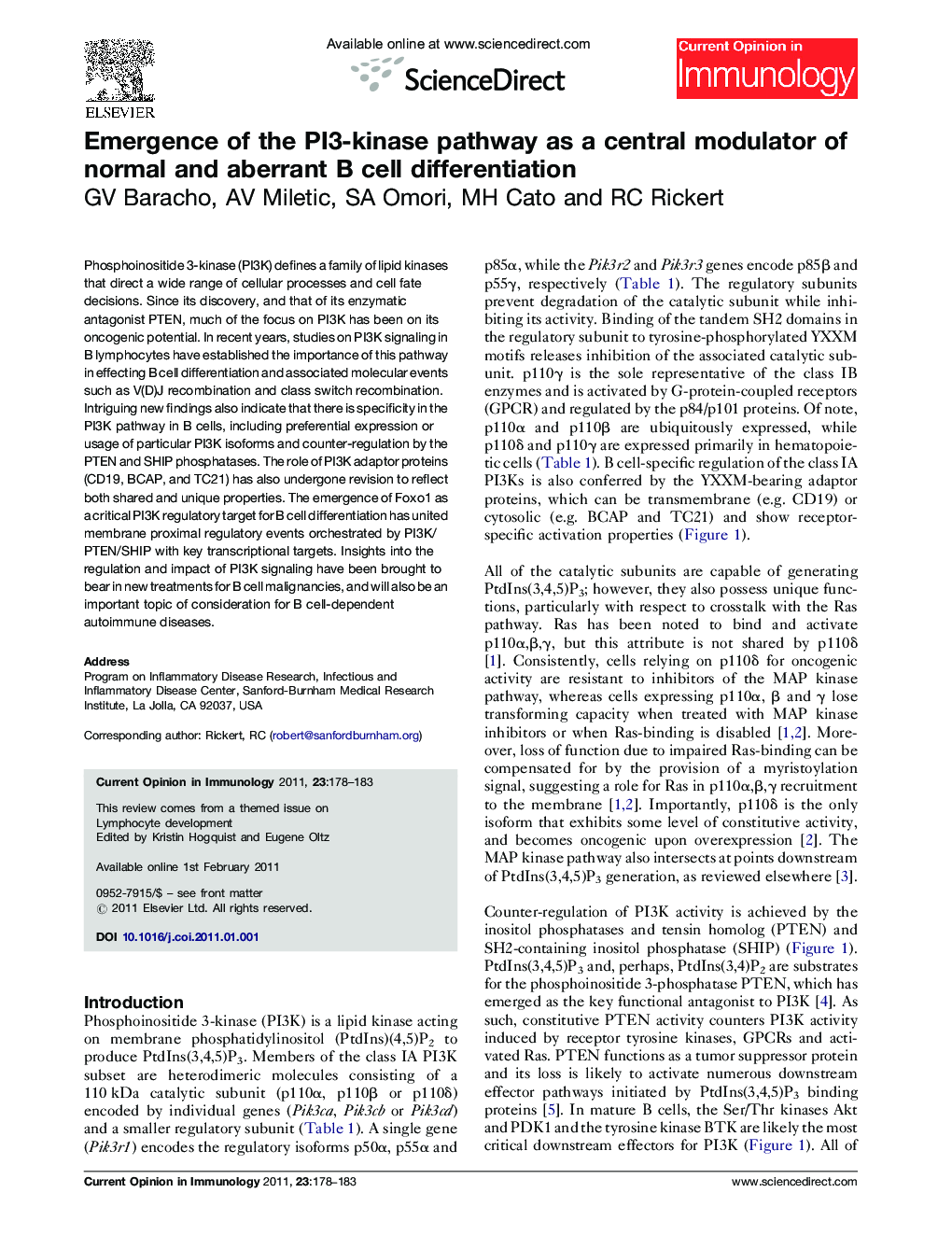 عکس صفحه اول مقاله: Emergence of the PI3-kinase pathway as a central modulator of normal and aberrant B cell differentiation Emergence of the PI3-kinase pathway as a central modulator of normal and aberrant B cell differentiation