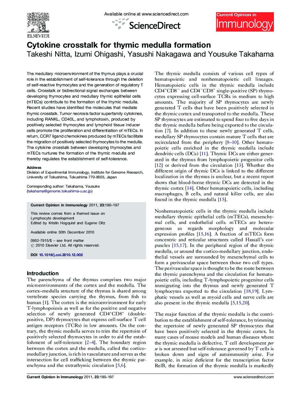 Cytokine crosstalk for thymic medulla formation
