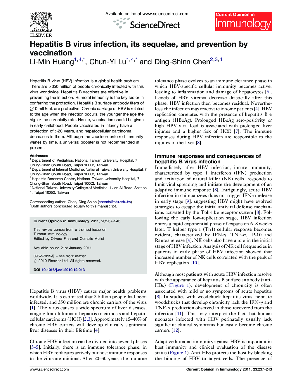 عکس صفحه اول مقاله: Hepatitis B virus infection, its sequelae, and prevention by vaccination Hepatitis B virus infection, its sequelae, and prevention by vaccination