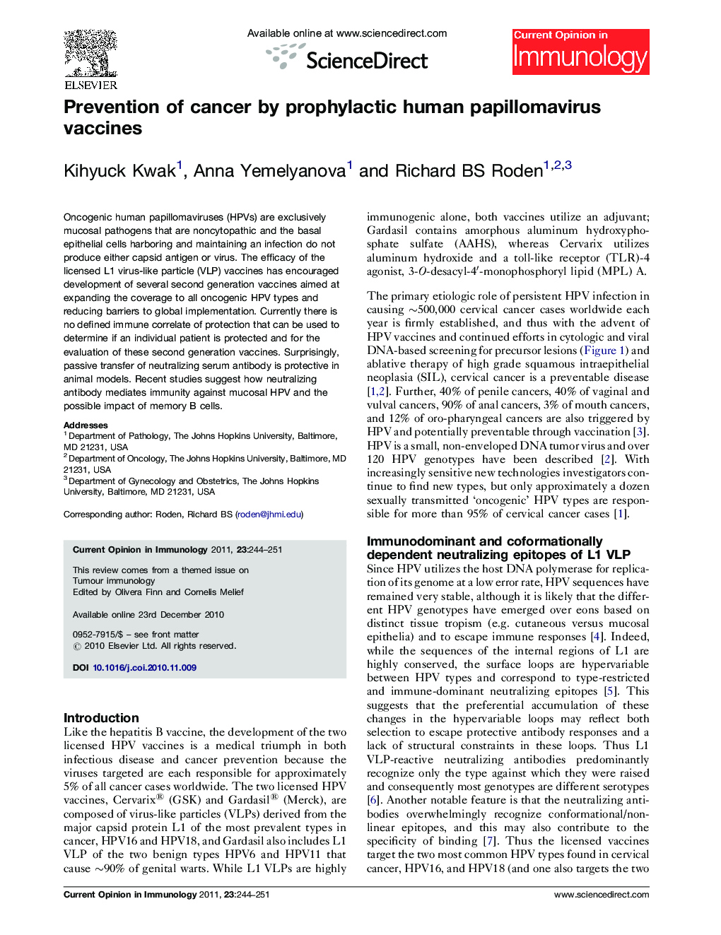 Prevention of cancer by prophylactic human papillomavirus vaccines