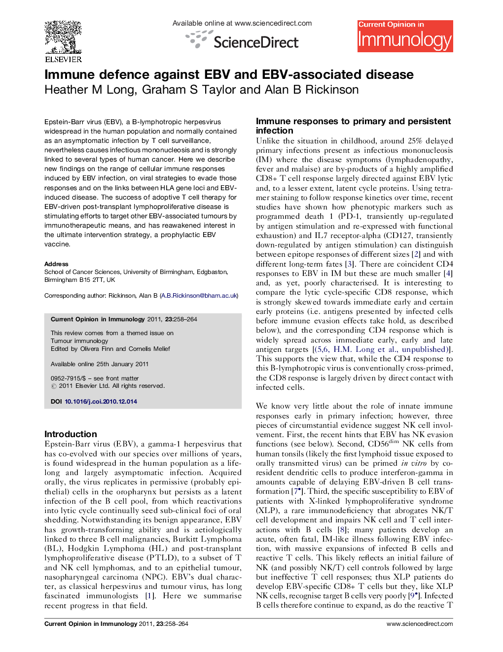 Immune defence against EBV and EBV-associated disease