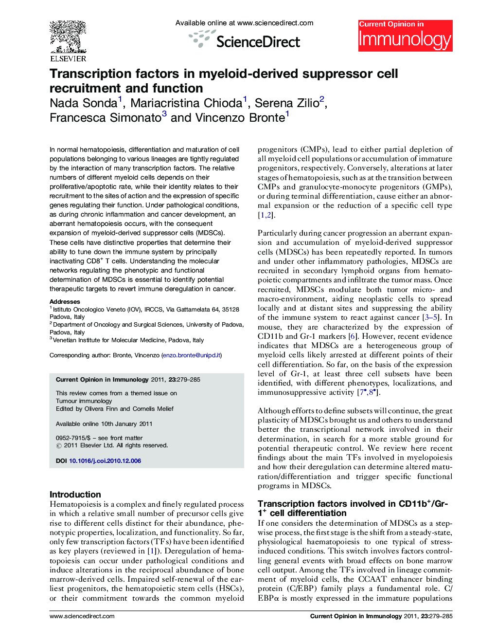 Transcription factors in myeloid-derived suppressor cell recruitment and function