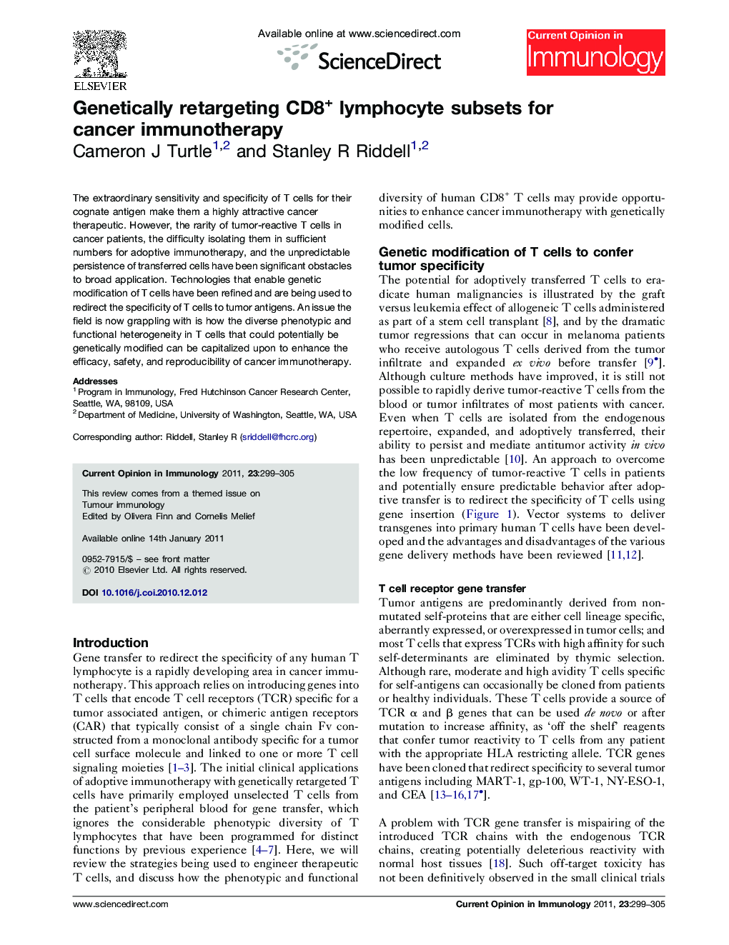 Genetically retargeting CD8+ lymphocyte subsets for cancer immunotherapy