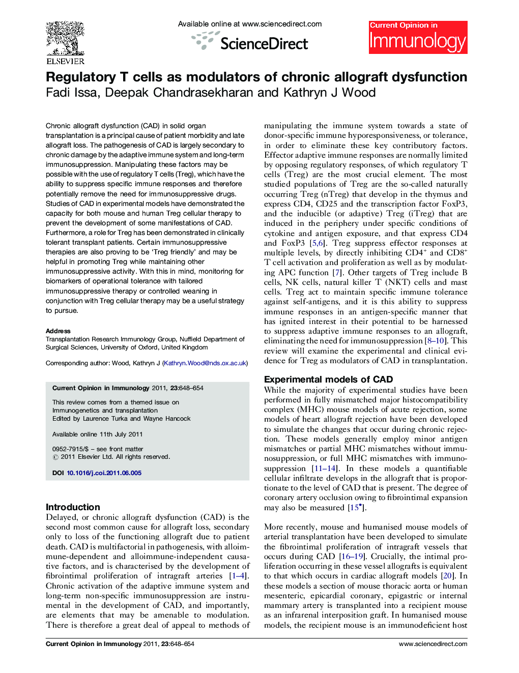 Regulatory T cells as modulators of chronic allograft dysfunction