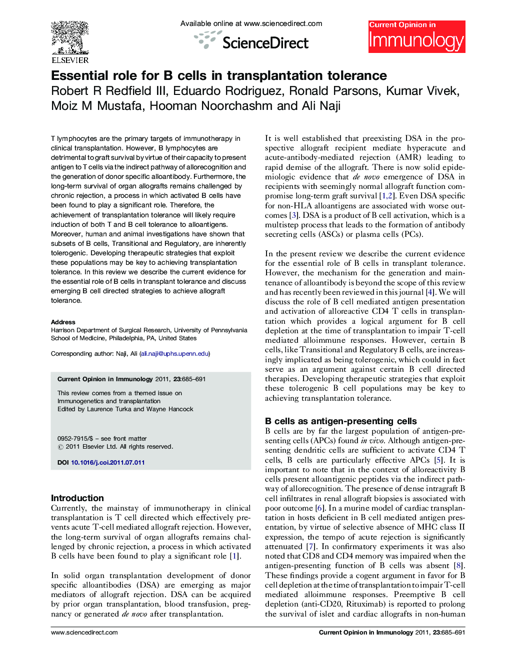Essential role for B cells in transplantation tolerance