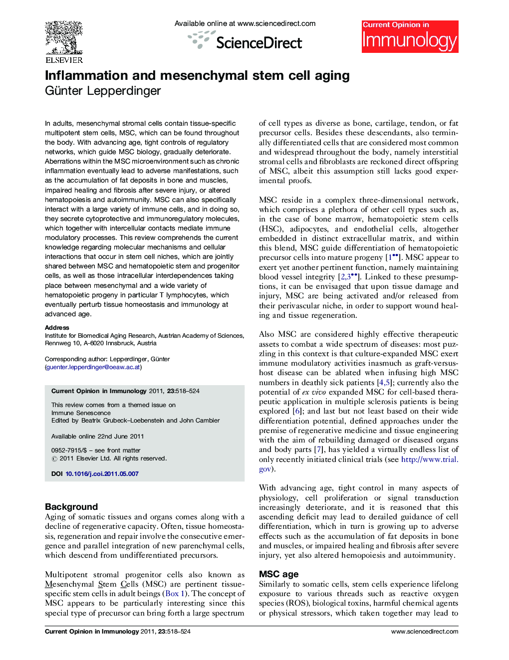 Inflammation and mesenchymal stem cell aging