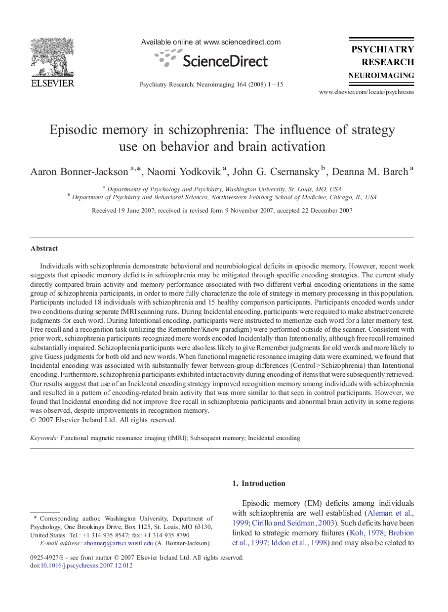 Episodic memory in schizophrenia: The influence of strategy use on behavior and brain activation