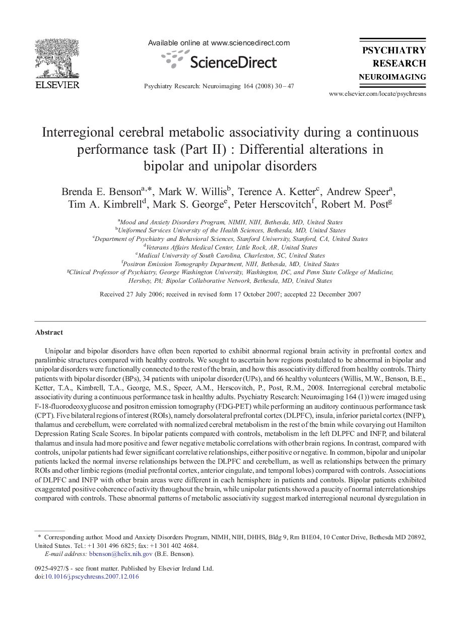 Interregional cerebral metabolic associativity during a continuous performance task (Part II) : Differential alterations in bipolar and unipolar disorders