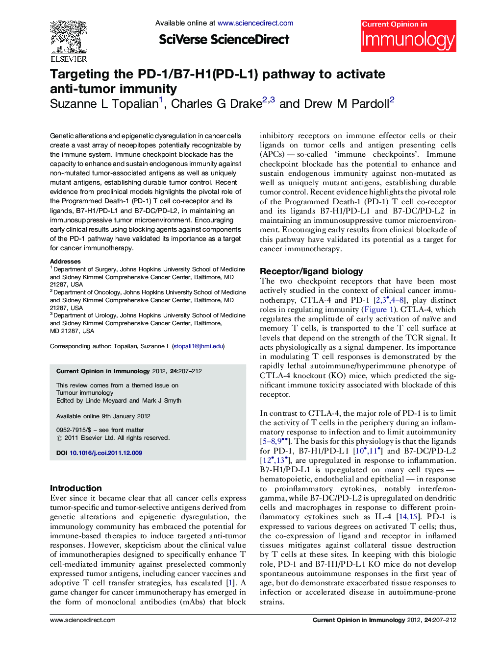 عکس صفحه اول مقاله: Targeting the PD-1/B7-H1(PD-L1) pathway to activate anti-tumor immunity Targeting the PD-1/B7-H1(PD-L1) pathway to activate anti-tumor immunity