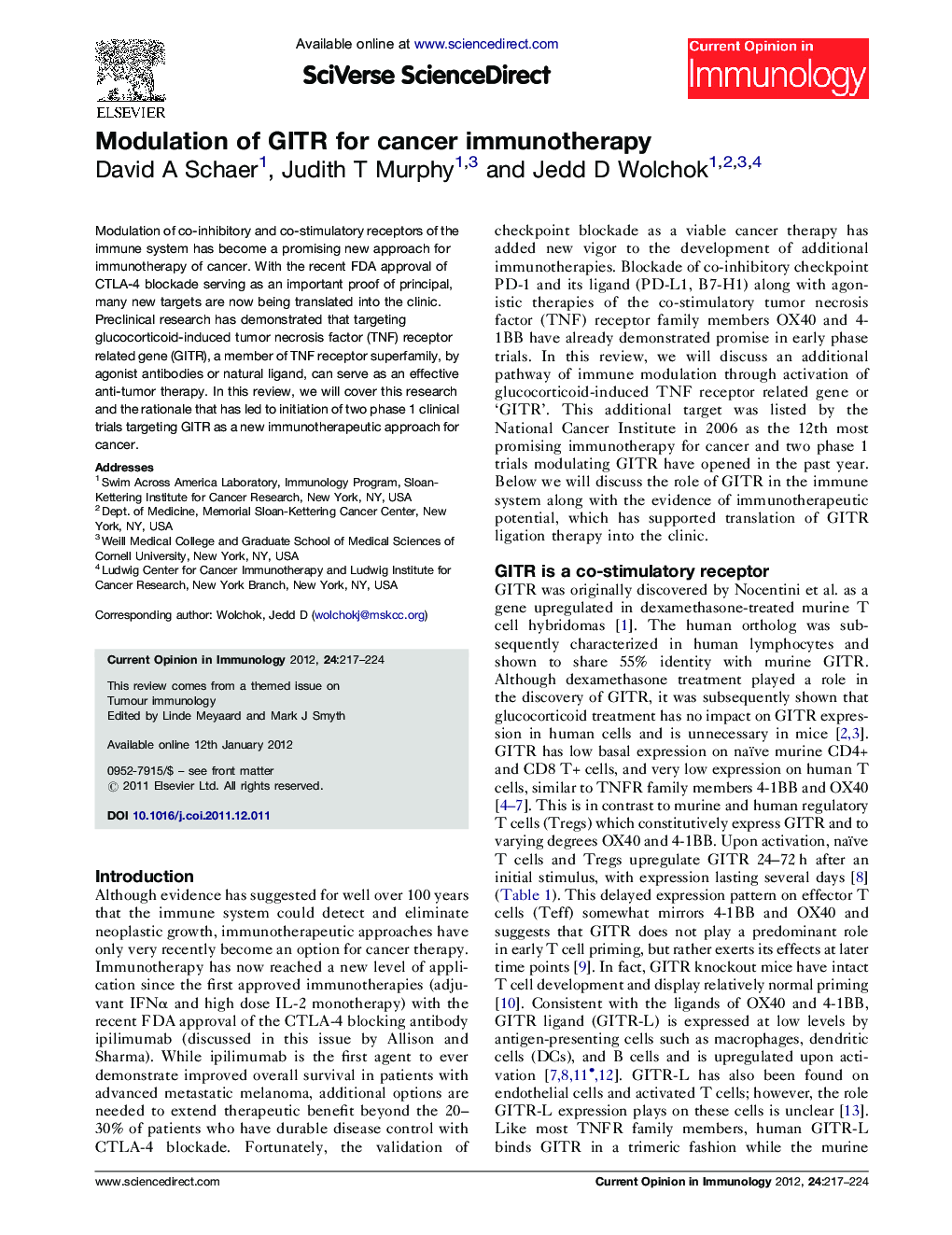 عکس صفحه اول مقاله: Modulation of GITR for cancer immunotherapy Modulation of GITR for cancer immunotherapy