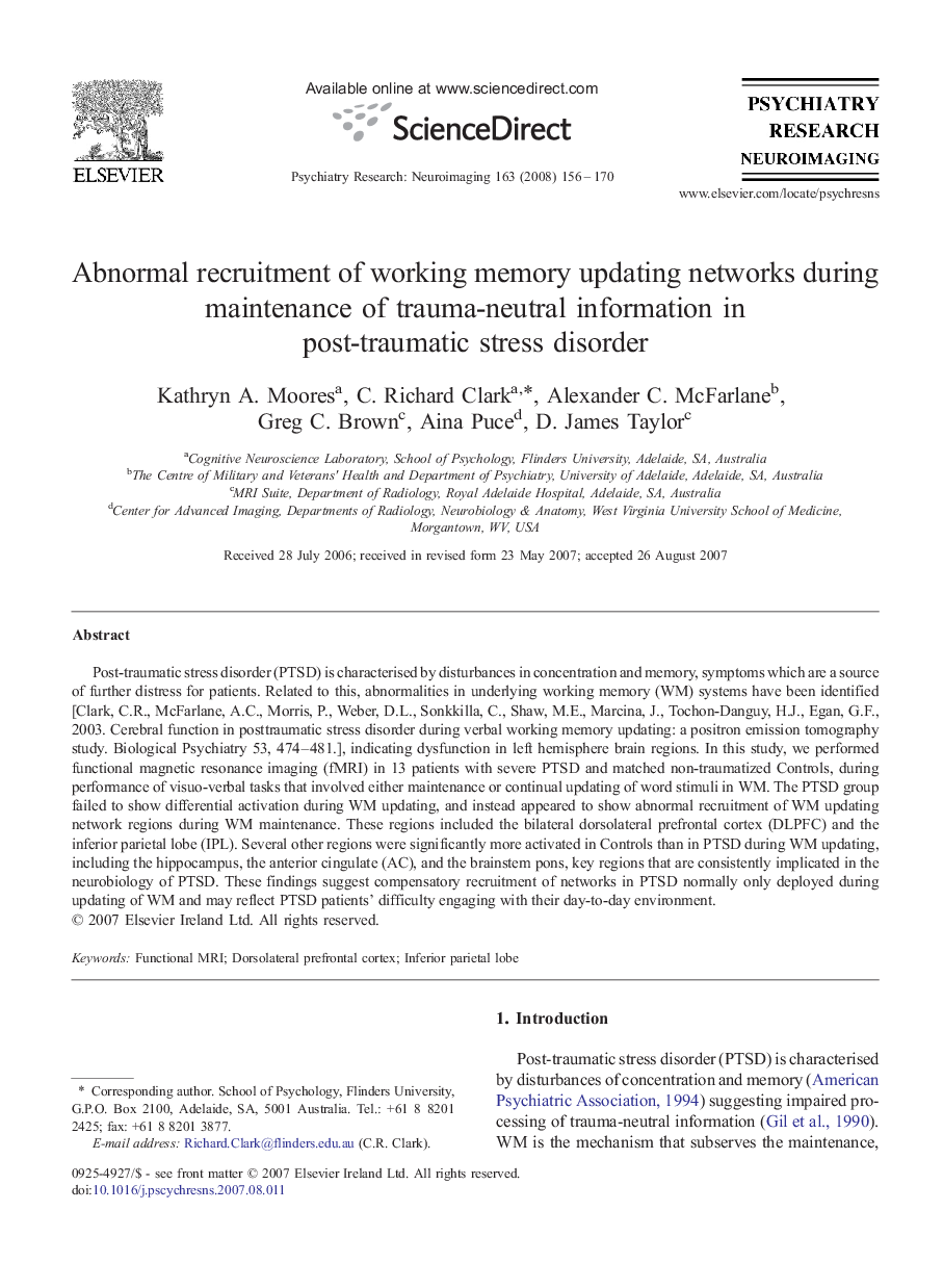 Abnormal recruitment of working memory updating networks during maintenance of trauma-neutral information in post-traumatic stress disorder