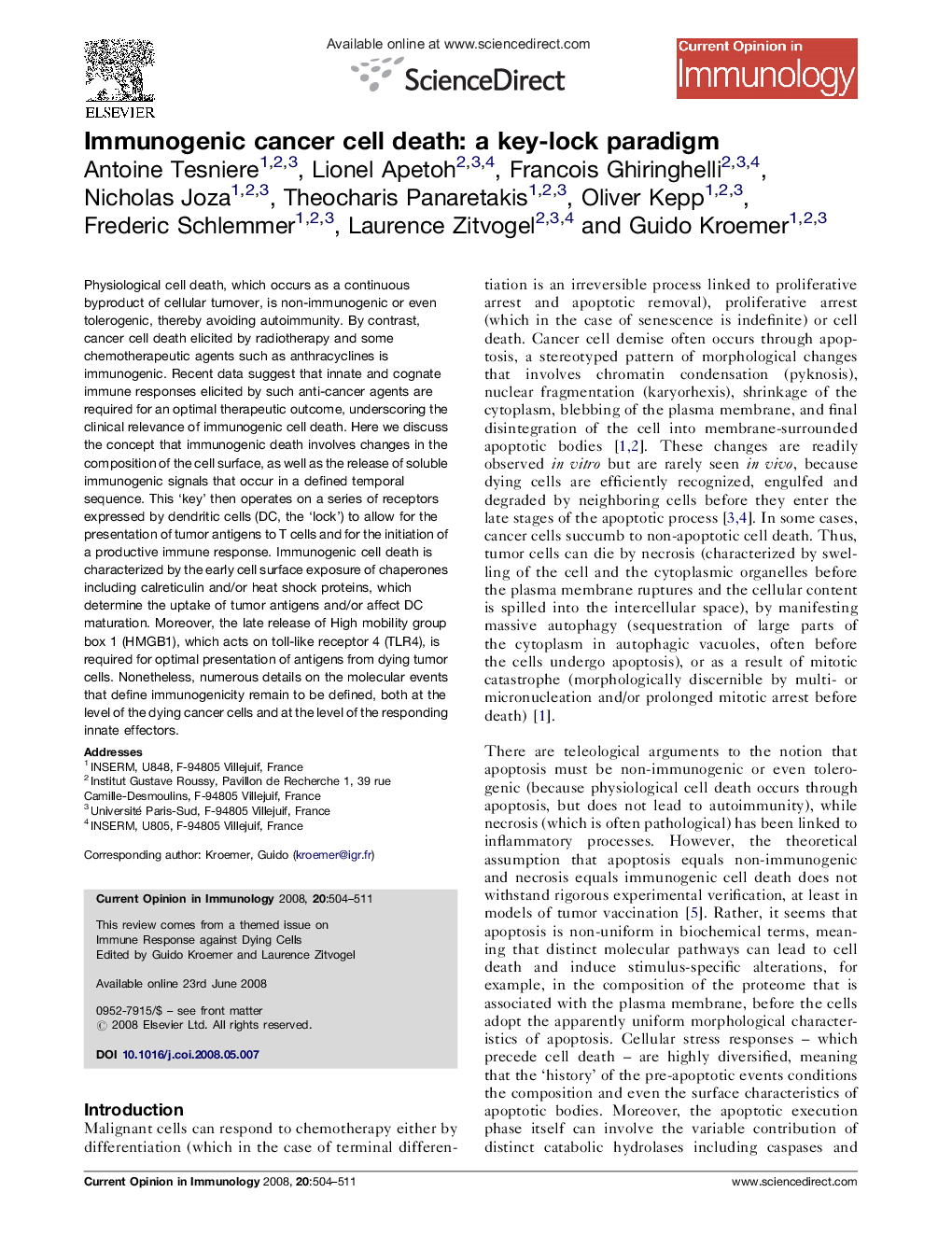 Immunogenic cancer cell death: a key-lock paradigm