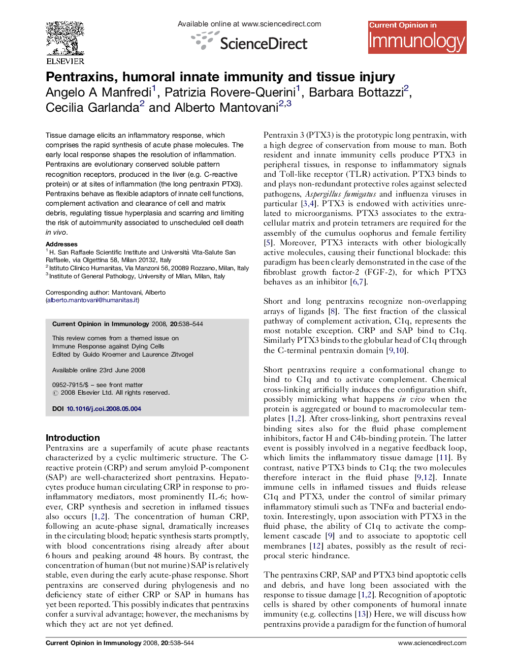 Pentraxins, humoral innate immunity and tissue injury