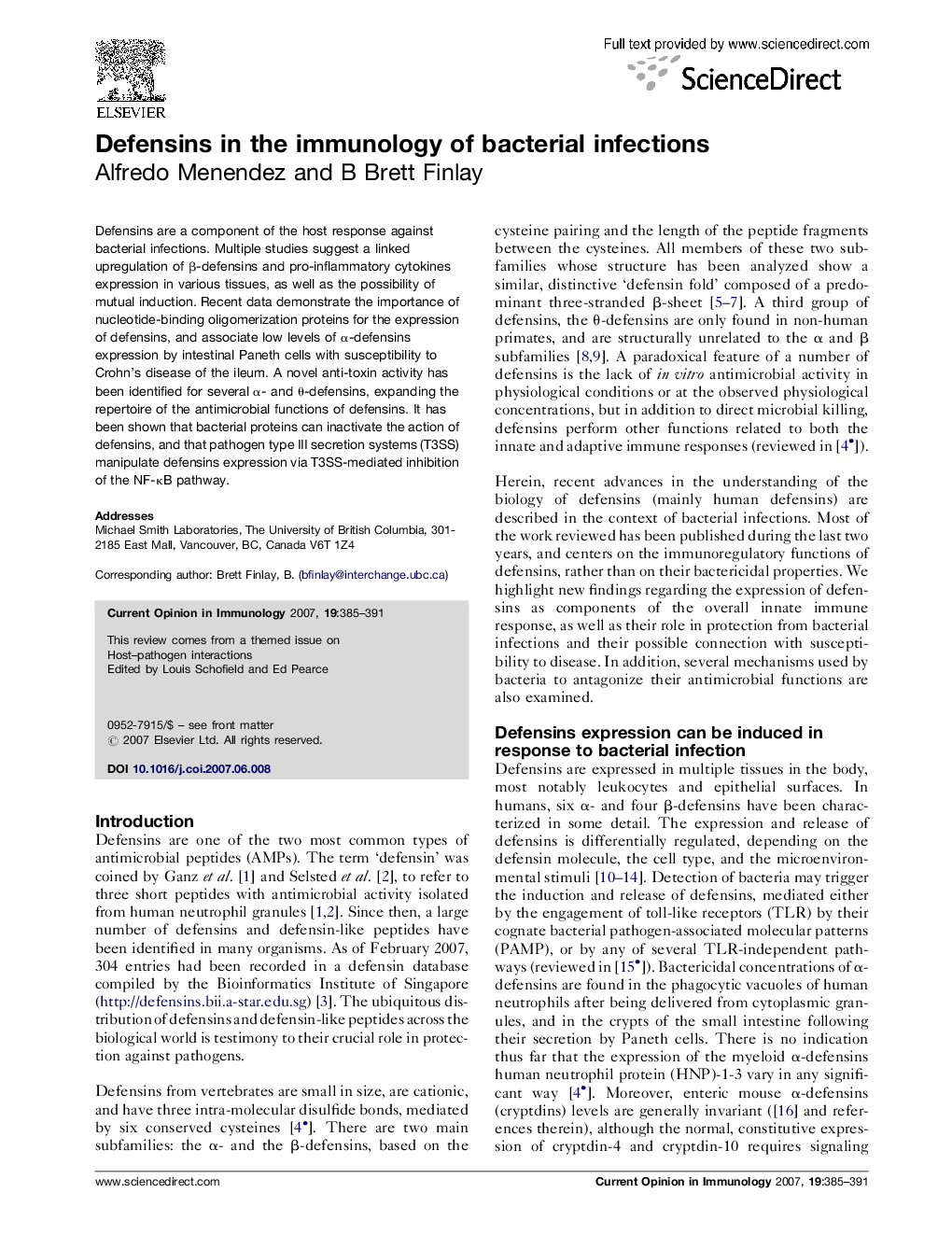 Defensins in the immunology of bacterial infections