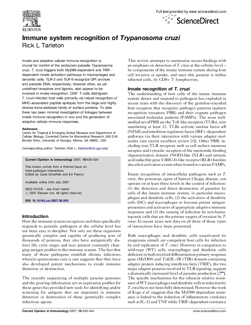 Immune system recognition of Trypanosoma cruzi