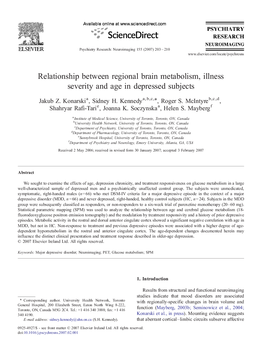 Relationship between regional brain metabolism, illness severity and age in depressed subjects