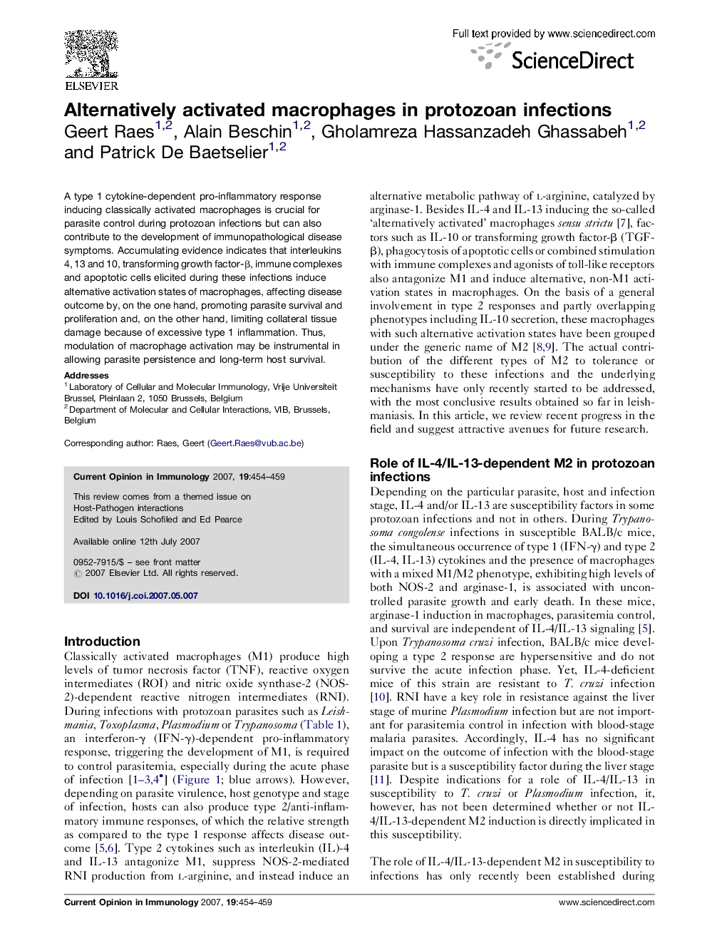 Alternatively activated macrophages in protozoan infections