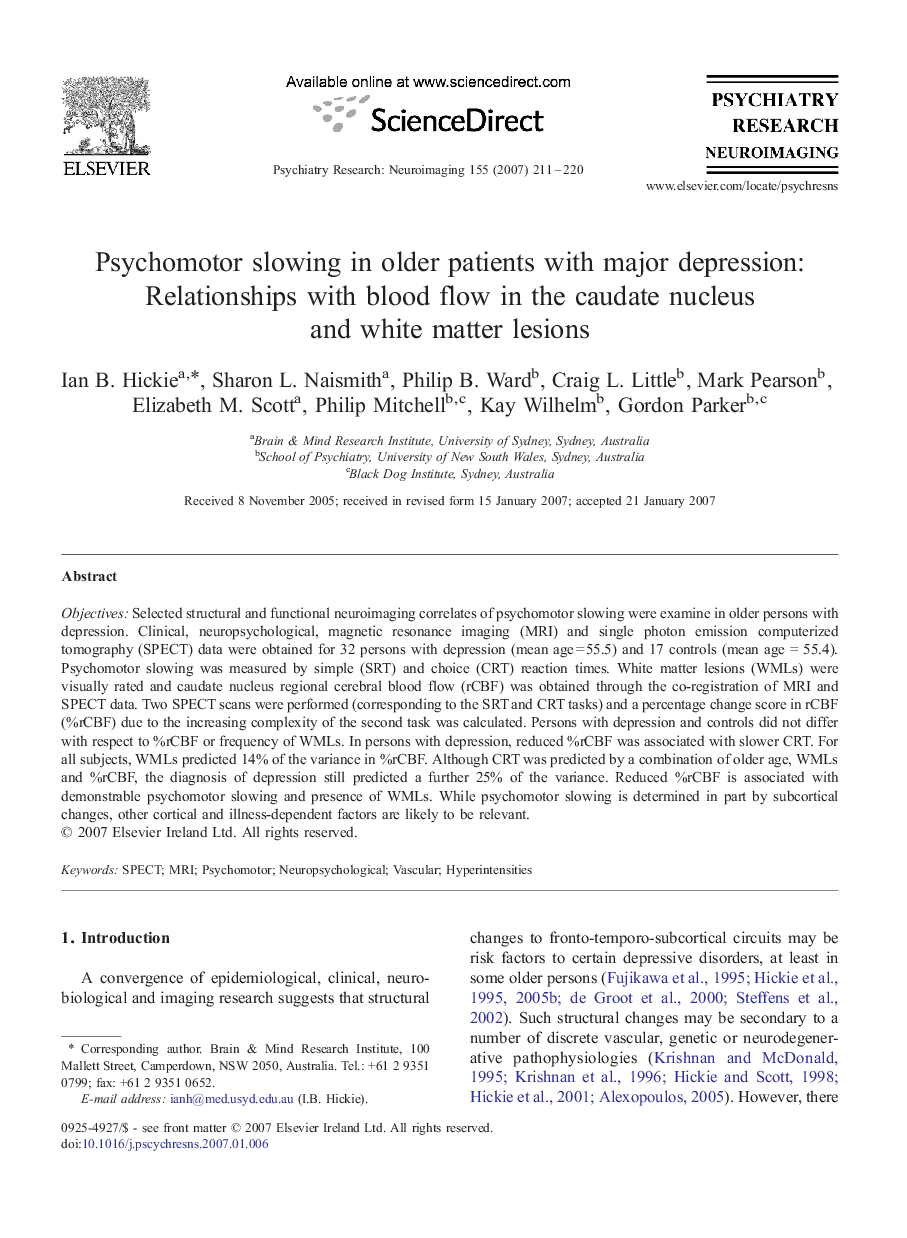 Psychomotor slowing in older patients with major depression: Relationships with blood flow in the caudate nucleus and white matter lesions