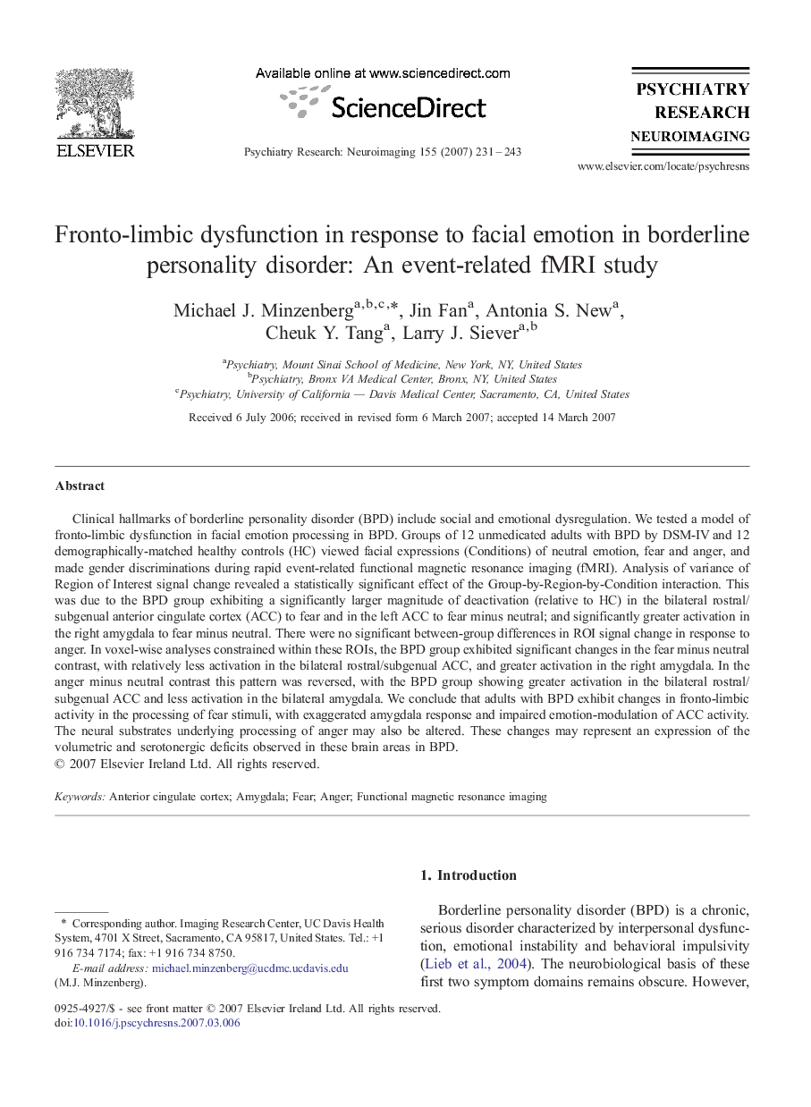 Fronto-limbic dysfunction in response to facial emotion in borderline personality disorder: An event-related fMRI study