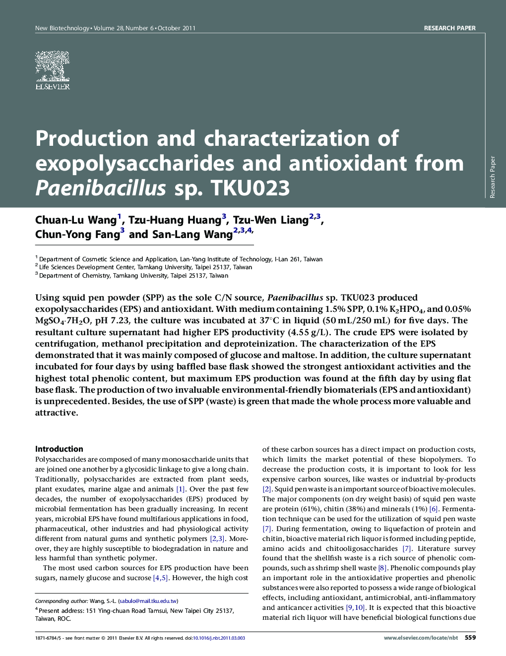 عکس صفحه اول مقاله: Production and characterization of exopolysaccharides and antioxidant from Paenibacillus sp. TKU023 Production and characterization of exopolysaccharides and antioxidant from Paenibacillus sp. TKU023